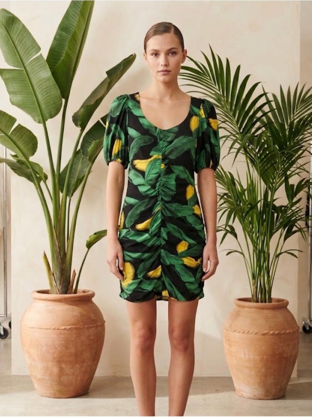 Ganni Black Dress with Green Leaf and Yellow Accent Print